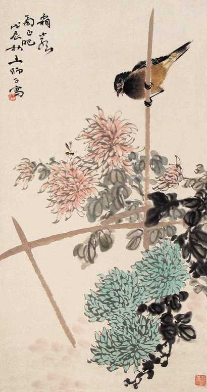 王伟 戊辰（1928年）作 花鸟 立轴